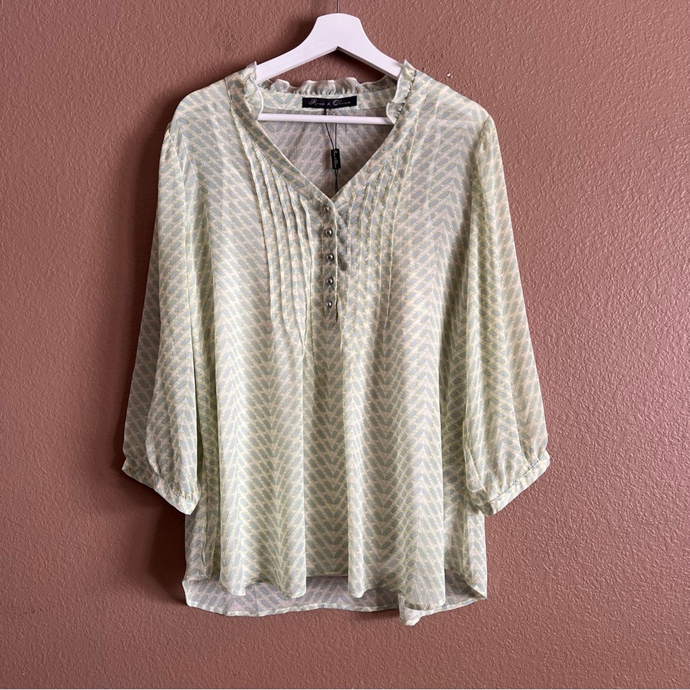 Rose & Olive Green Patterned Sheer Blouse Includes Under Shirt Size 2X NWT